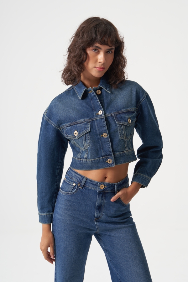 MZL Lacivert Crop Denim Ceket