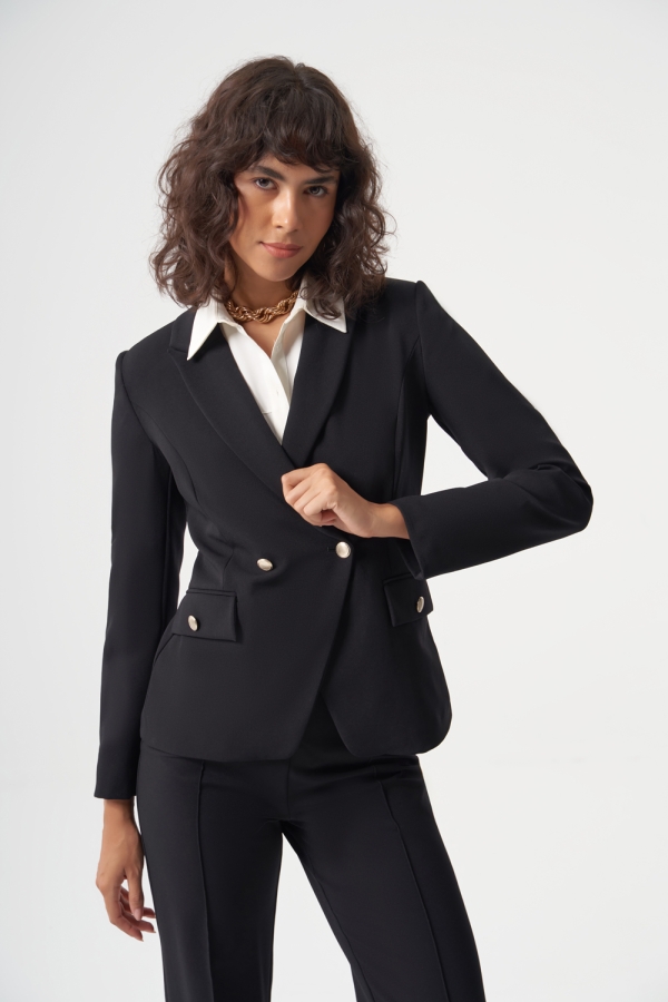 MZL Siyah Yün Karışımlı Klasik Tek Düğme Blazer Ceket 