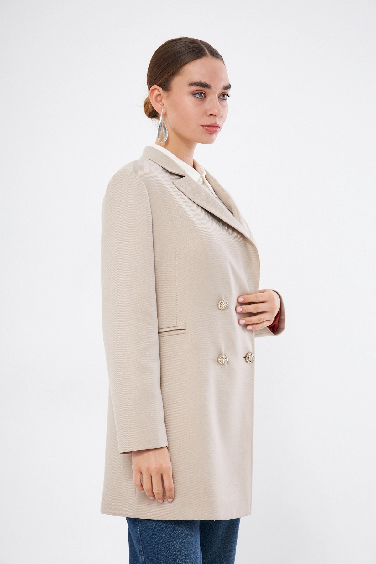 Mizalle Renkli Astarlı Bej Rengi Blazer Ceket
