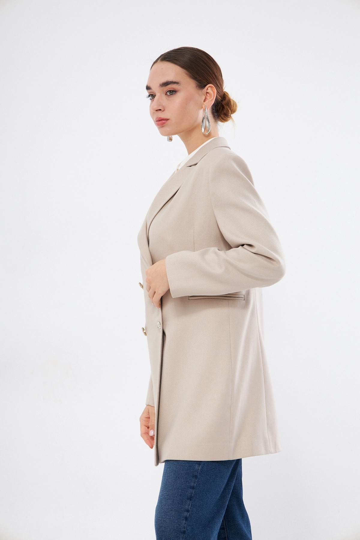 Mizalle Renkli Astarlı Bej Rengi Blazer Ceket