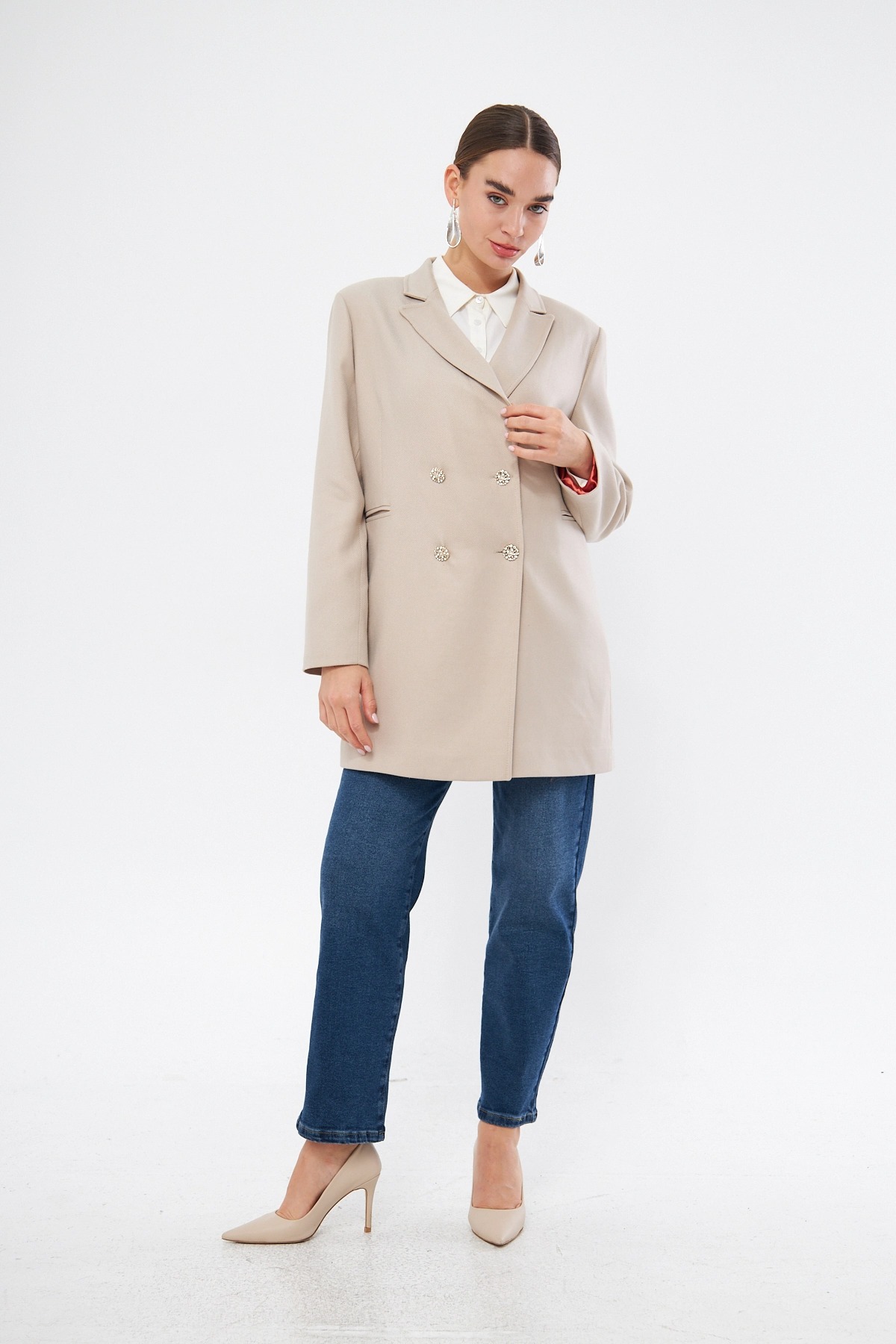 Mizalle Renkli Astarlı Bej Rengi Blazer Ceket