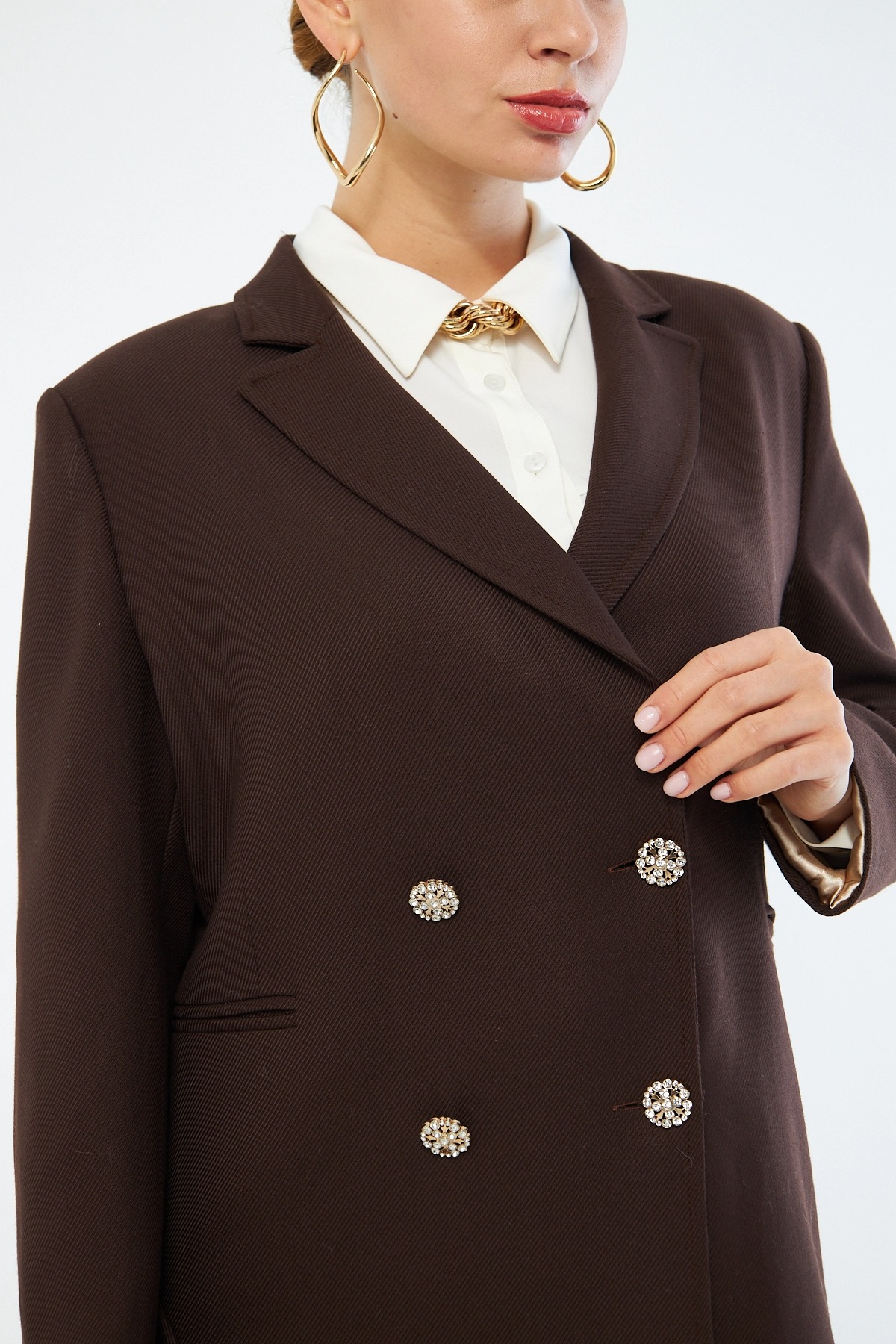 Mizalle Renkli Astarlı Kahverengi Blazer Ceket