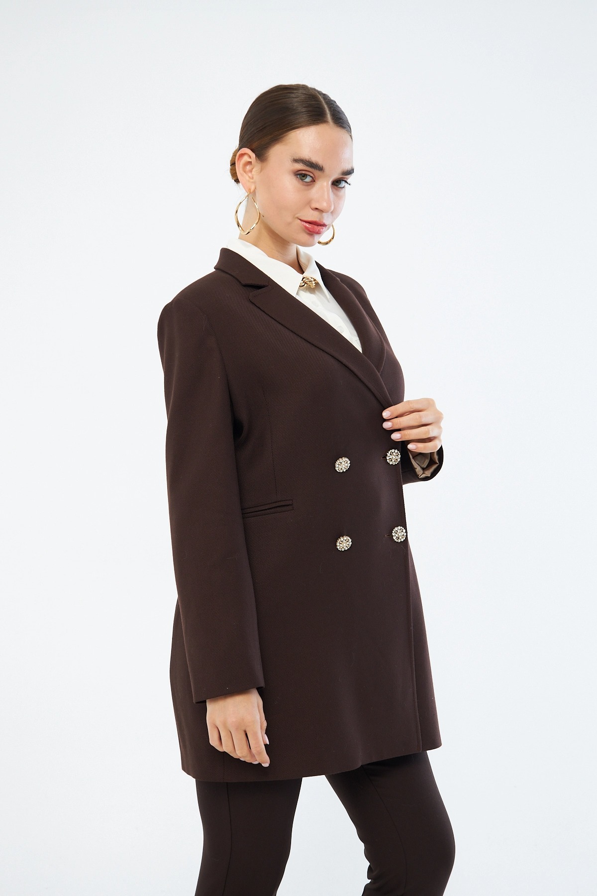 Mizalle Renkli Astarlı Kahverengi Blazer Ceket