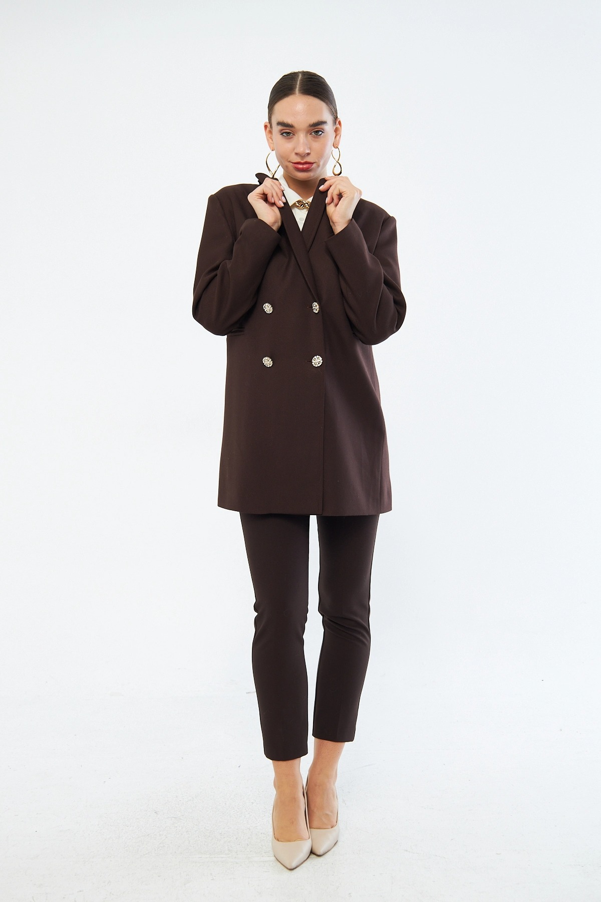 Mizalle Renkli Astarlı Kahverengi Blazer Ceket