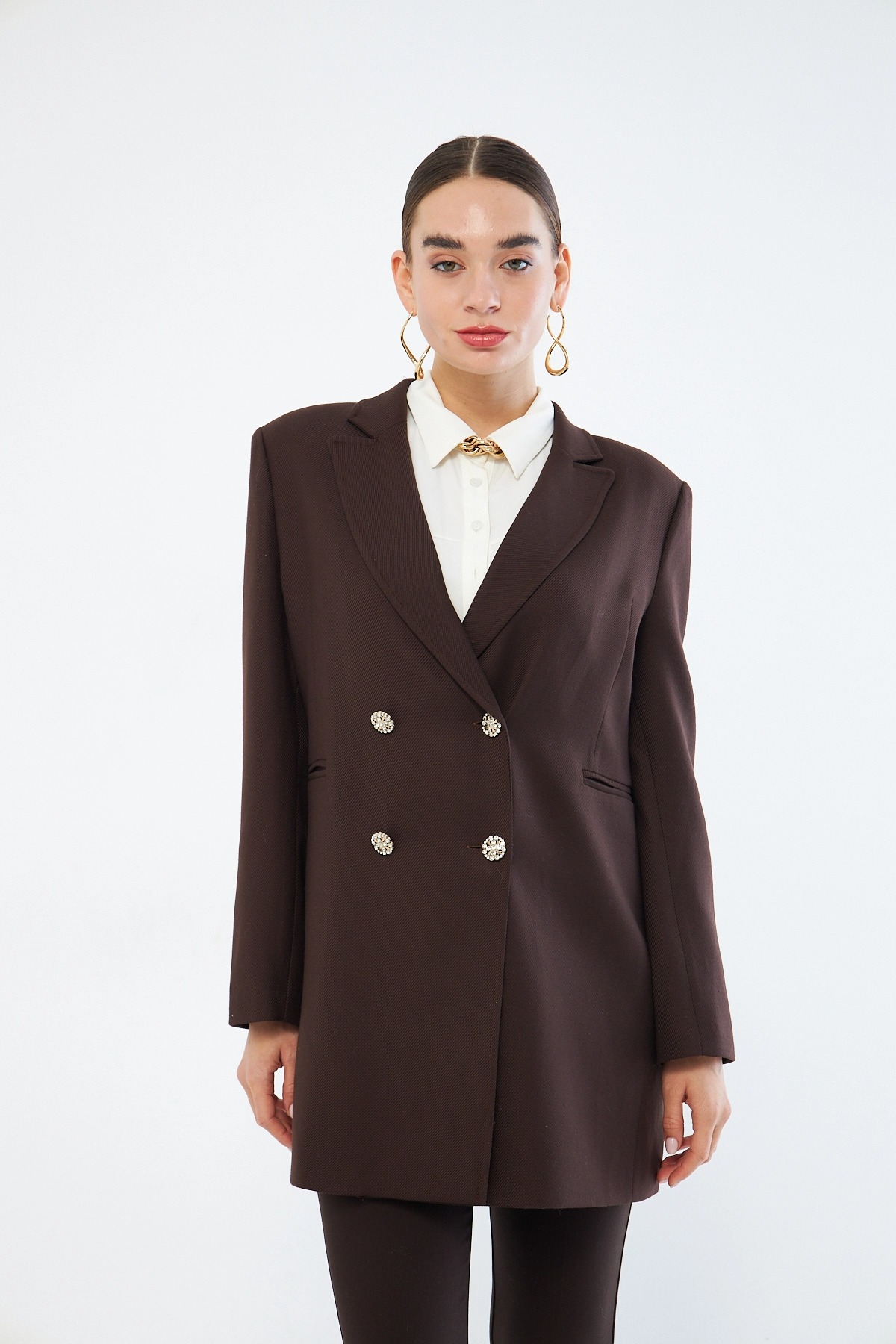 Mizalle Renkli Astarlı Kahverengi Blazer Ceket