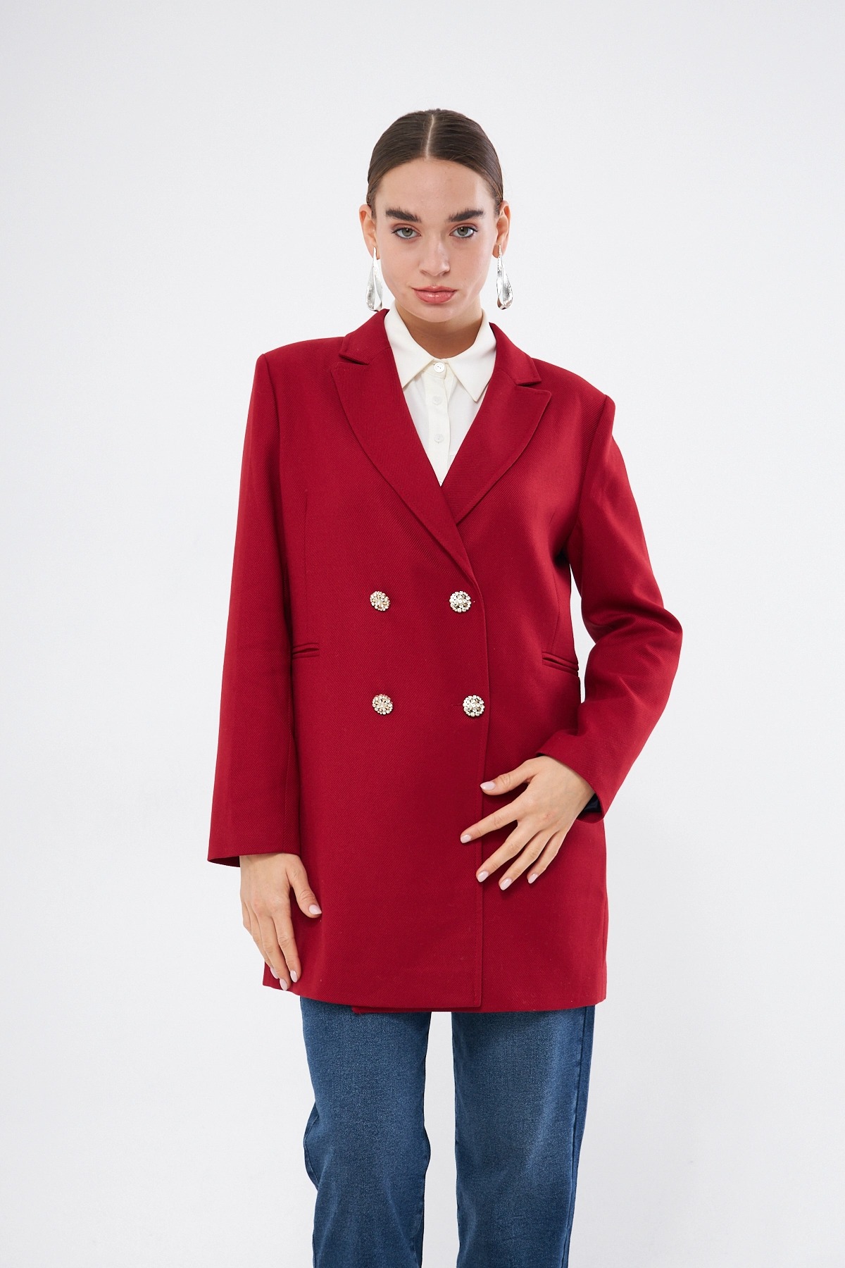 Mizalle Renkli Astarlı Kırmızı Blazer Ceket