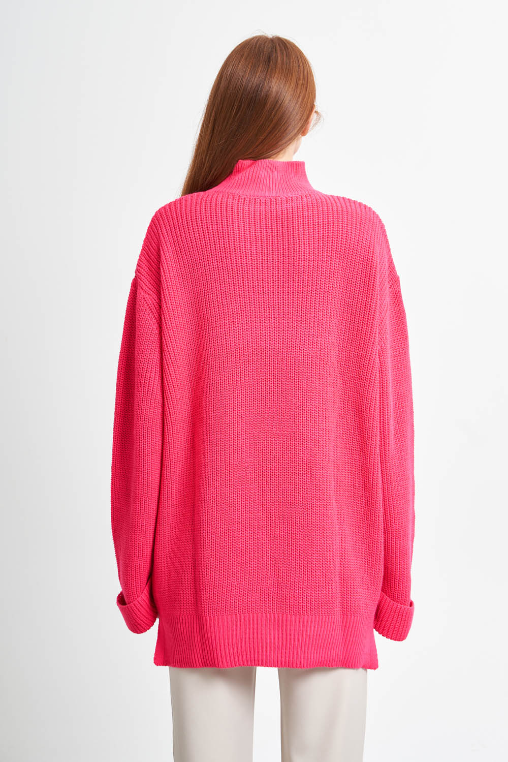 Mizalle Yüksek Yaka Oversize Fuşya Triko Kazak