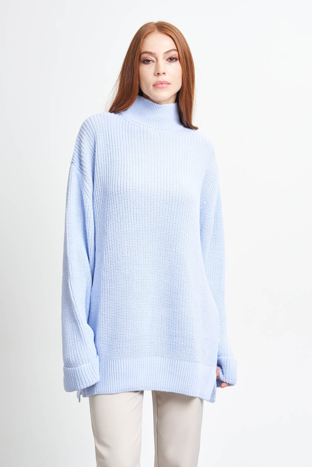 Mizalle Yüksek Yaka Oversize Açık Mavi Triko Kazak