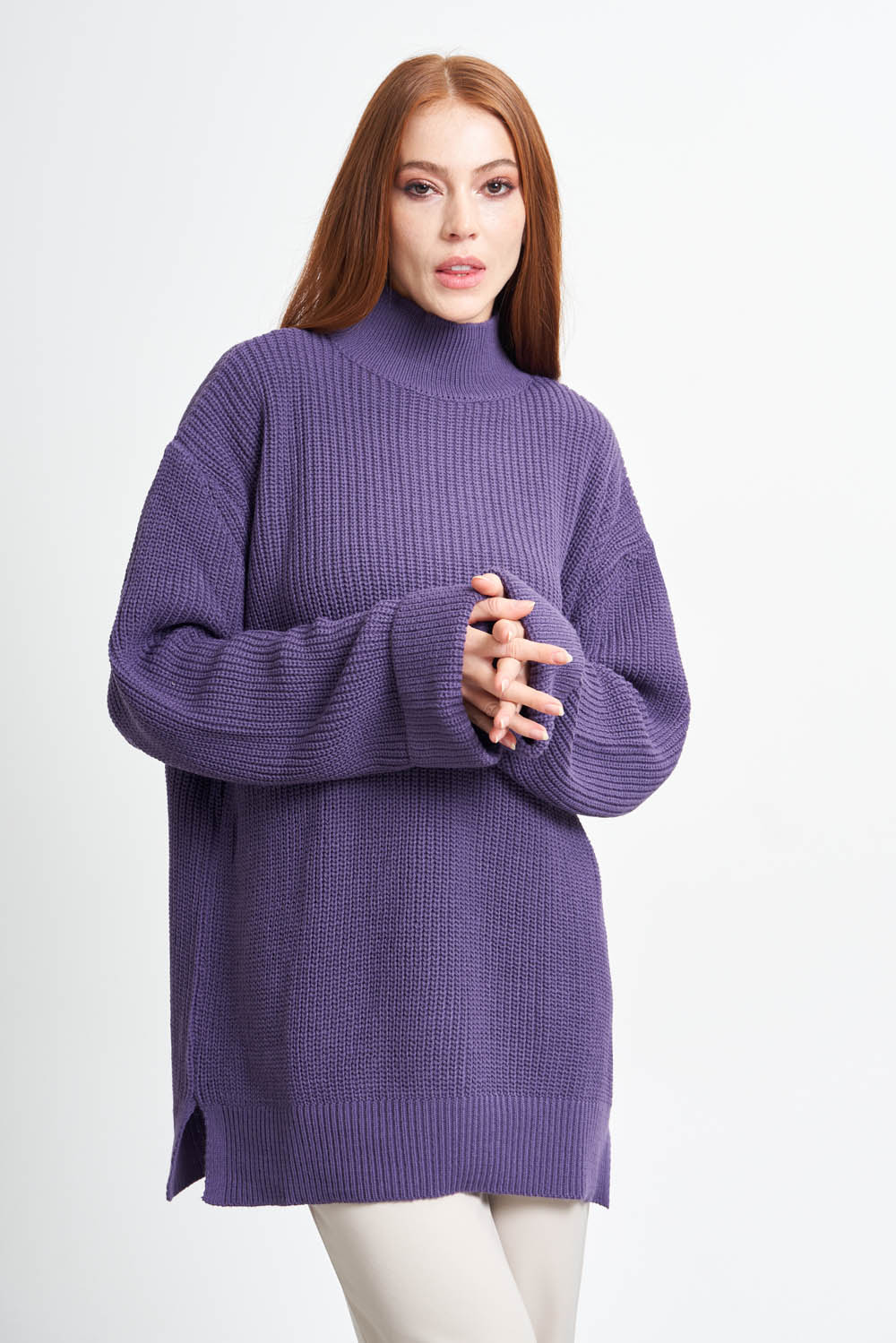 Mizalle Yüksek Yaka Oversize Mor Triko Kazak