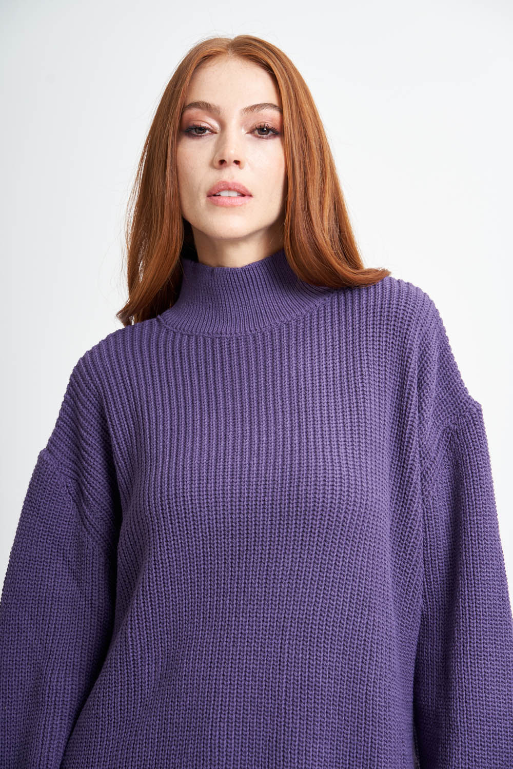 Mizalle Yüksek Yaka Oversize Mor Triko Kazak