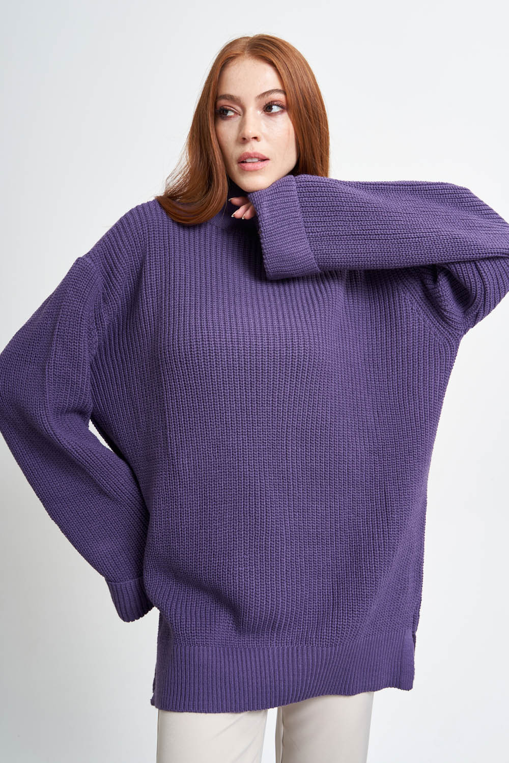 Mizalle Yüksek Yaka Oversize Mor Triko Kazak