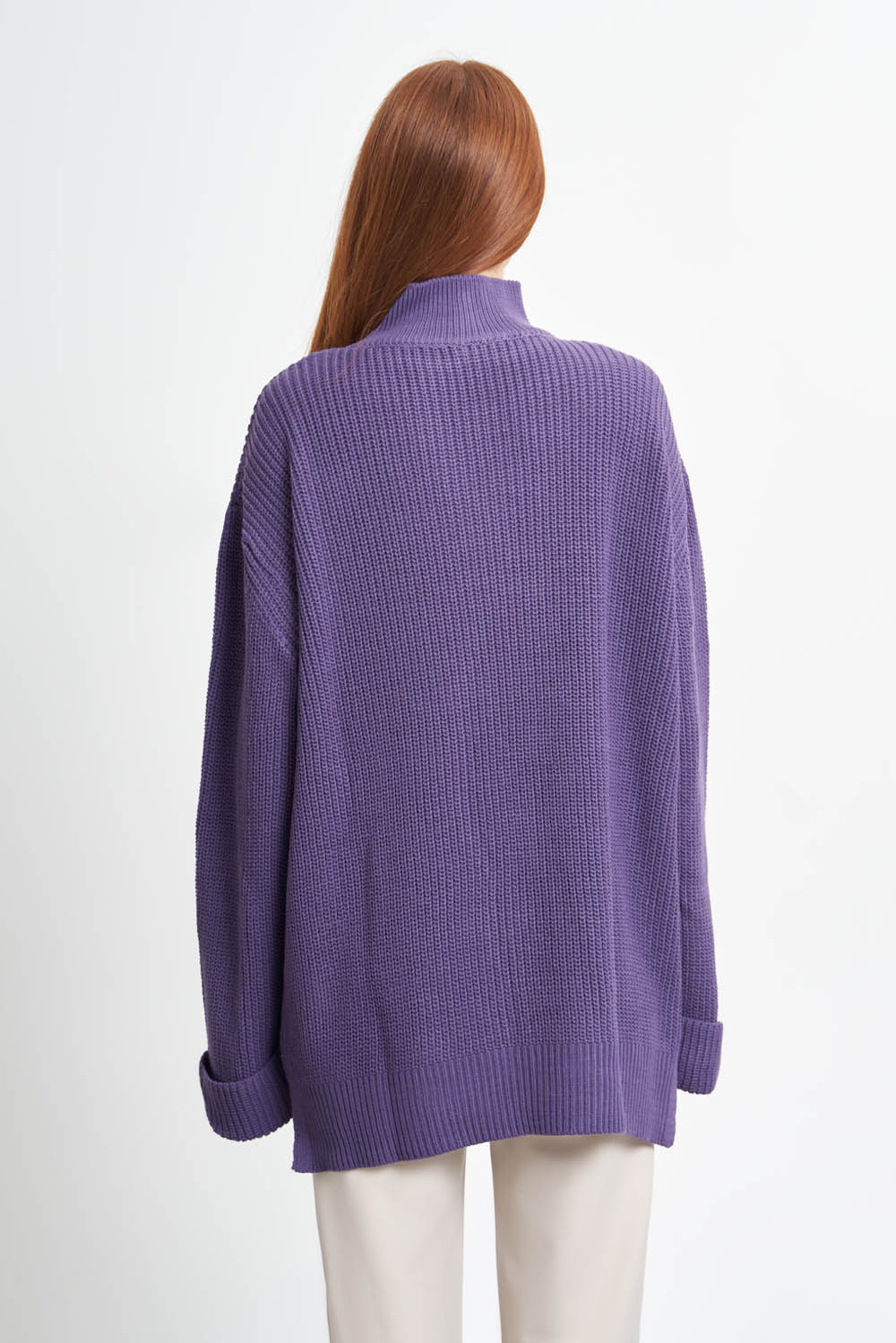 Mizalle Yüksek Yaka Oversize Mor Triko Kazak