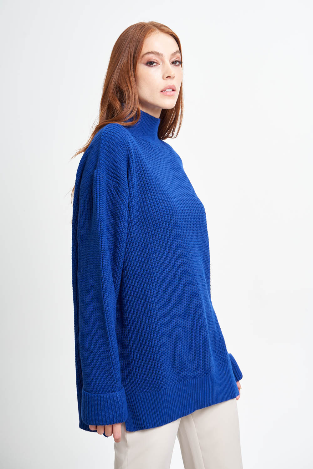 Mizalle Yüksek Yaka Oversize Saks Mavi Triko Kazak