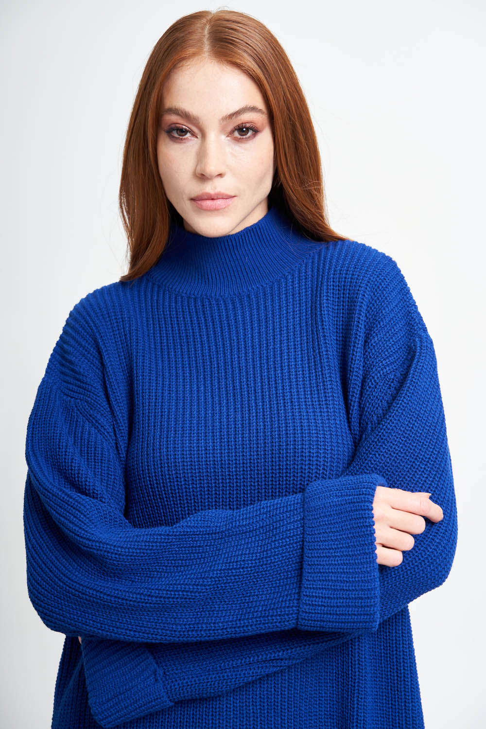 Mizalle Yüksek Yaka Oversize Saks Mavi Triko Kazak