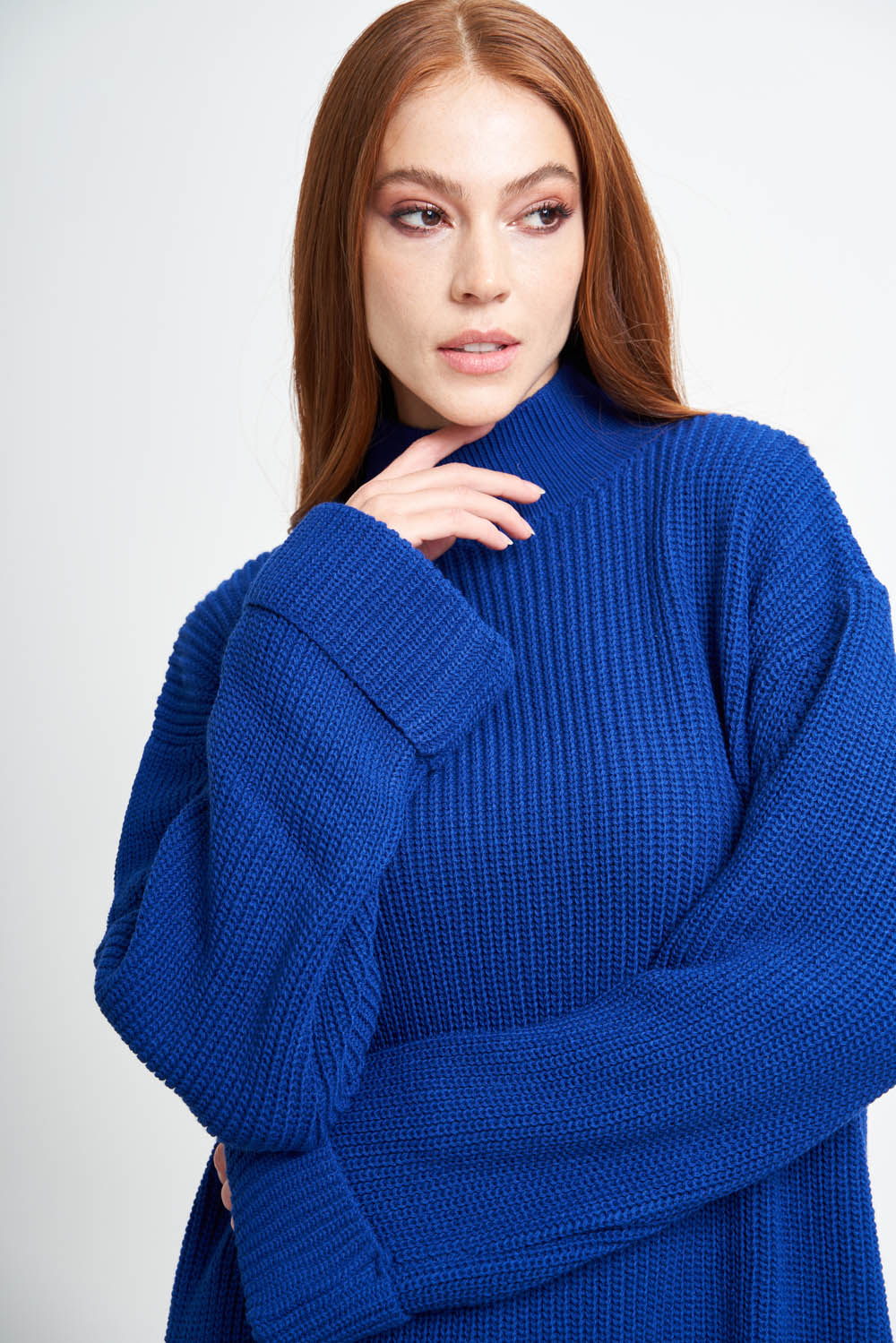 Mizalle Yüksek Yaka Oversize Saks Mavi Triko Kazak