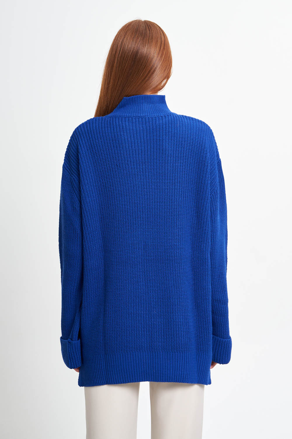 Mizalle Yüksek Yaka Oversize Saks Mavi Triko Kazak