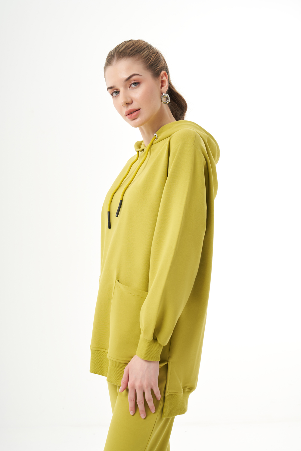 Mizalle Kapüşonlu Torba Cepli Yeşil Sweatshirt