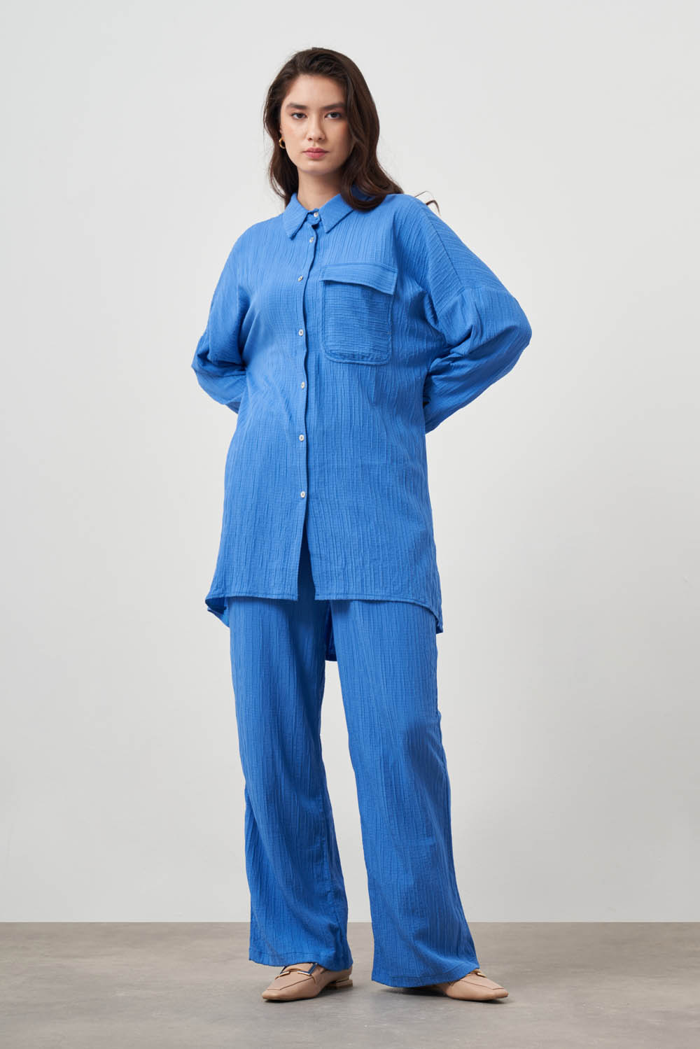 Mizalle Oversize Cepli Özel Dokuma Uzun Mavi Tunik