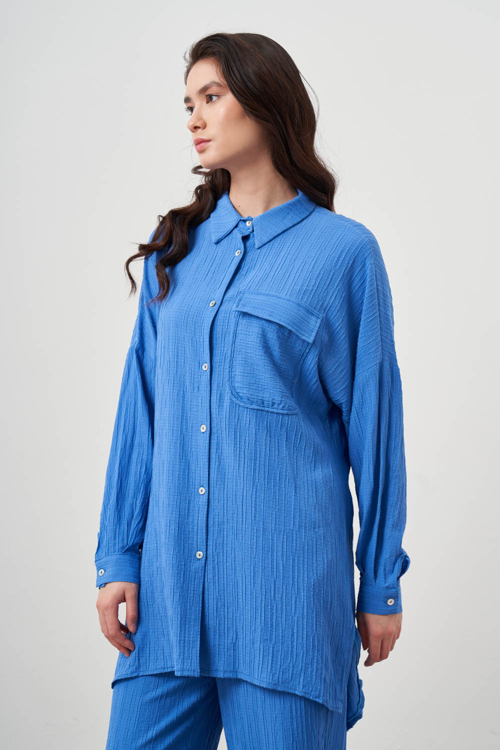 Mizalle Oversize Cepli Özel Dokuma Uzun Mavi Tunik