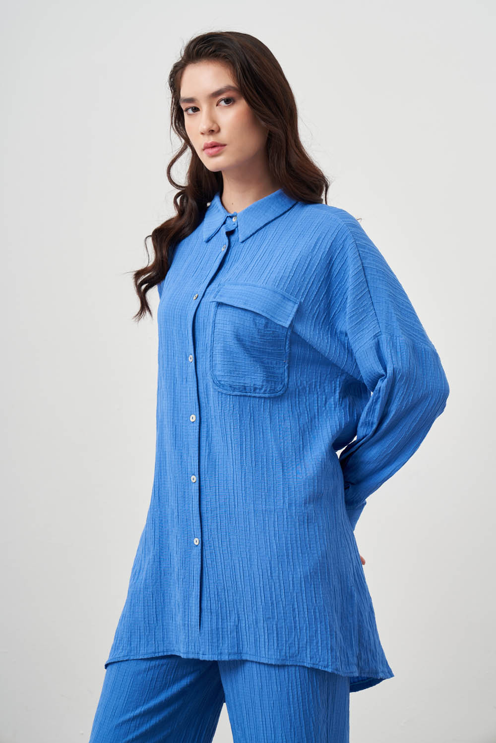 Mizalle Oversize Cepli Özel Dokuma Uzun Mavi Tunik