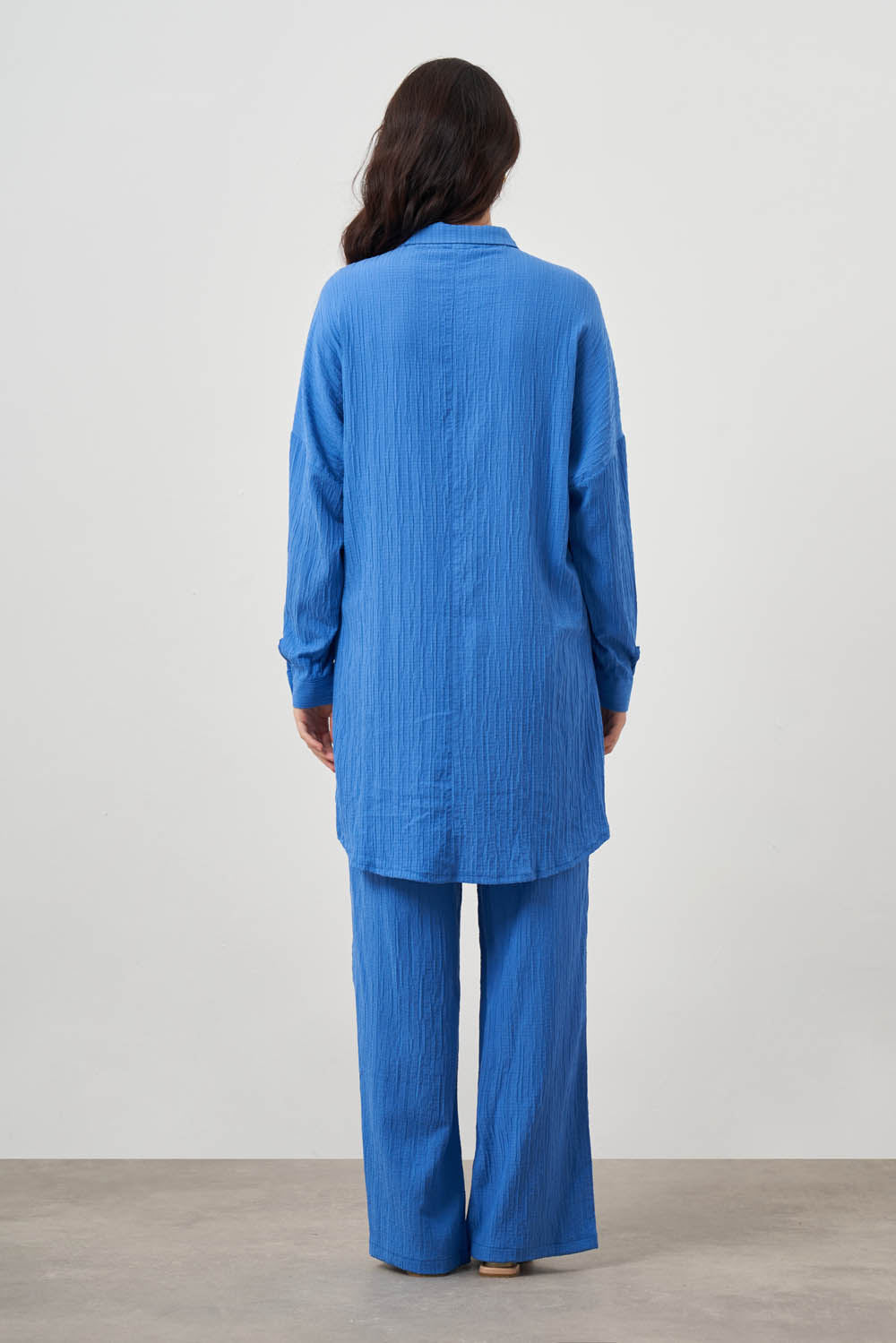 Mizalle Oversize Cepli Özel Dokuma Uzun Mavi Tunik