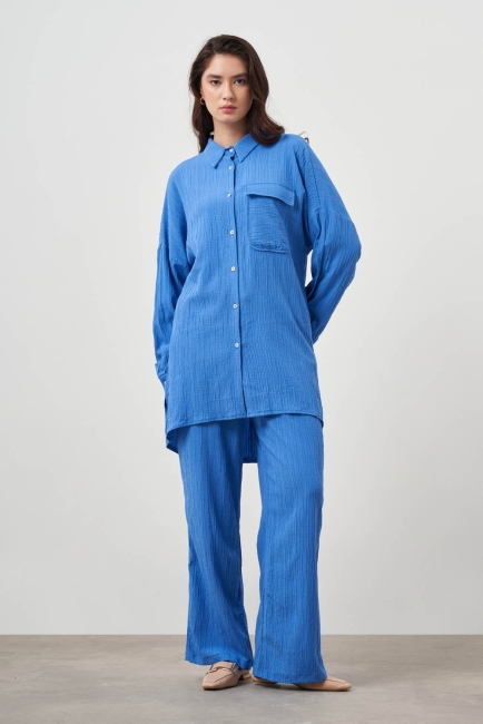 Mizalle Oversize Cepli Özel Dokuma Uzun Mavi Tunik