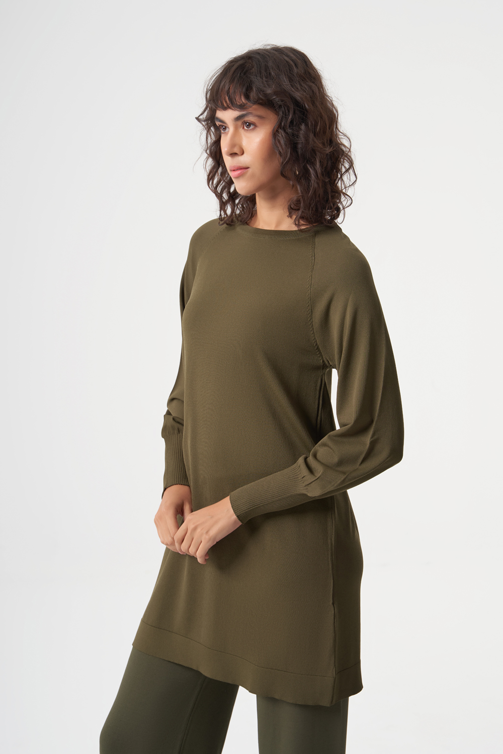 Mizalle Yuvarlak Yaka Balon Kollu Haki Rayon Tunik