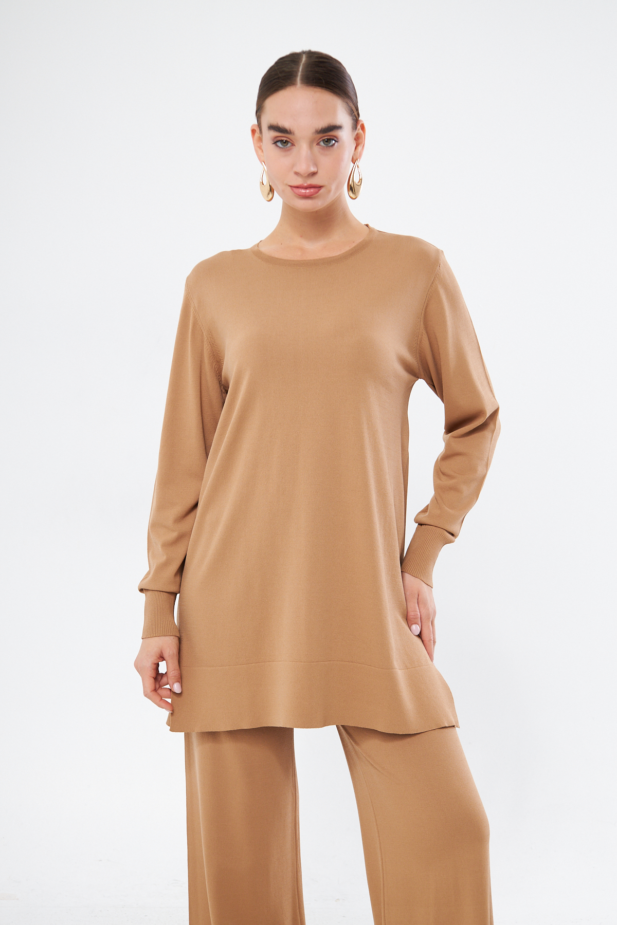 Mizalle Yuvarlak Yaka Camel Uzun Triko Tunik