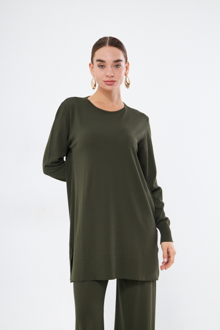 Mizalle Yuvarlak Yaka Haki Uzun Triko Tunik
