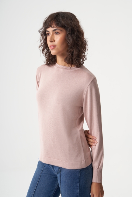 Mizalle Yuvarlak Yaka Basic Pudra Pembe Triko Kazak