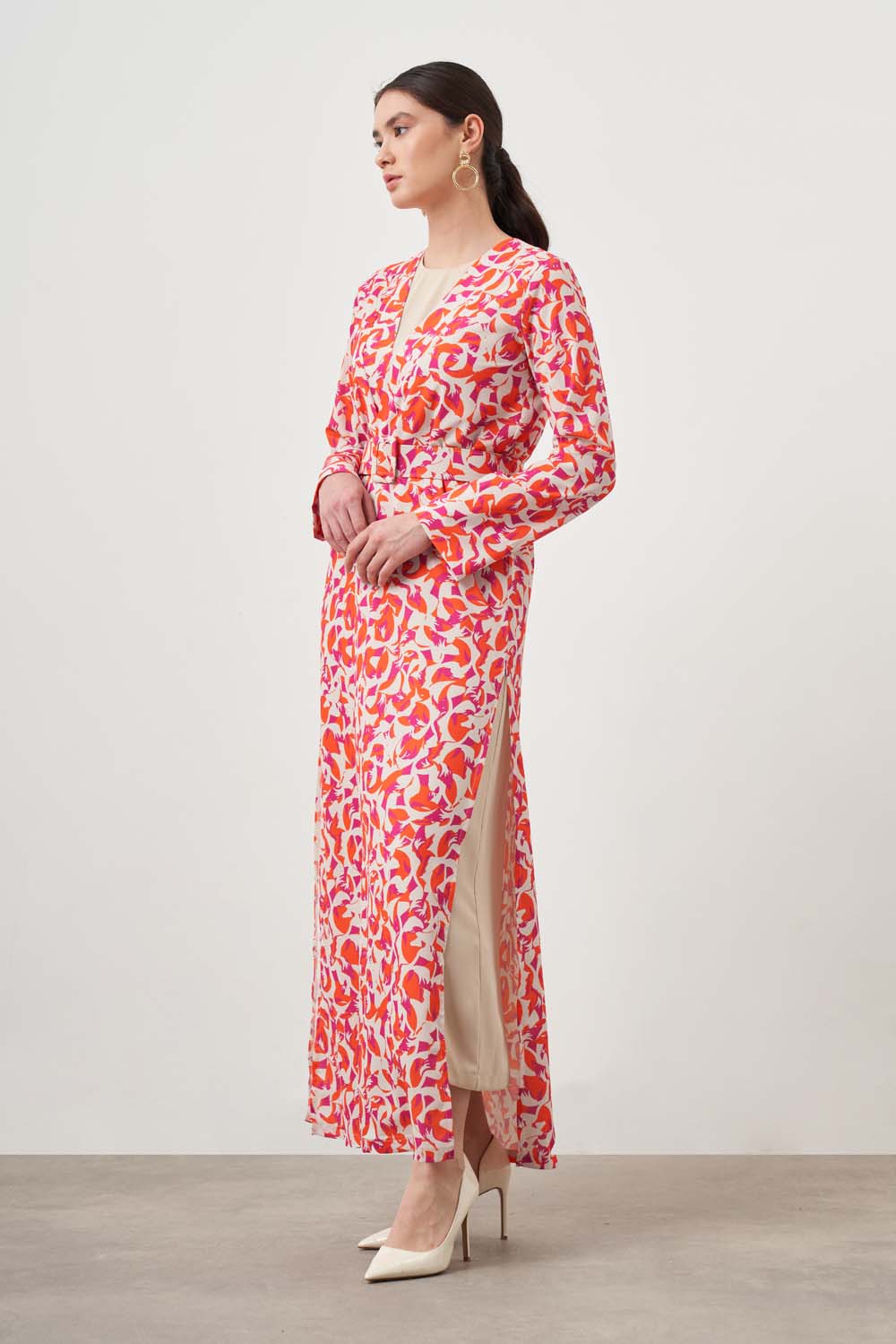 Mizalle Kırmızı Desenli Uzun Kimono 2 li Takım 