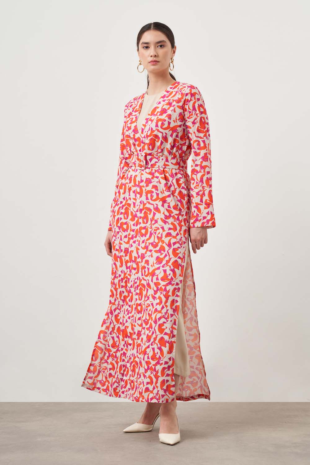Mizalle Kırmızı Desenli Uzun Kimono 2 li Takım 