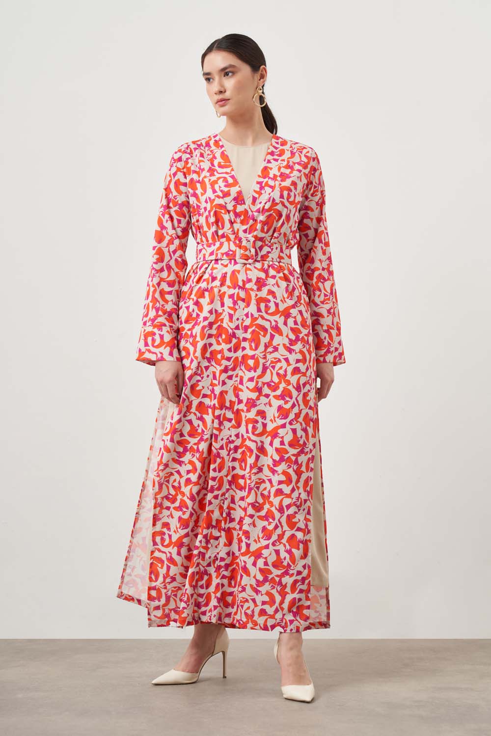 Mizalle Kırmızı Desenli Uzun Kimono 2 li Takım 