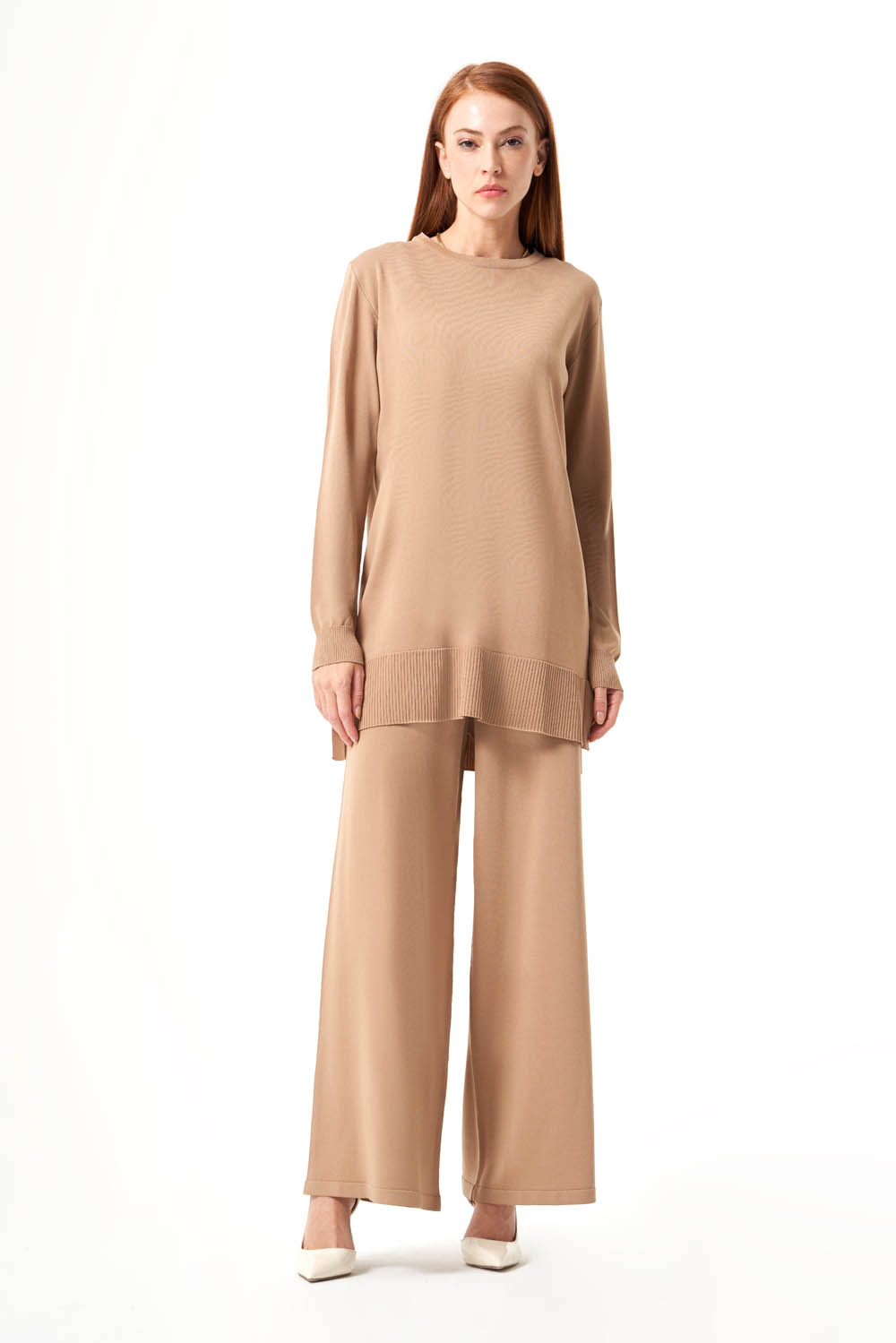 Mizalle Yuvarlak Yaka Camel Uzun Triko Tunik