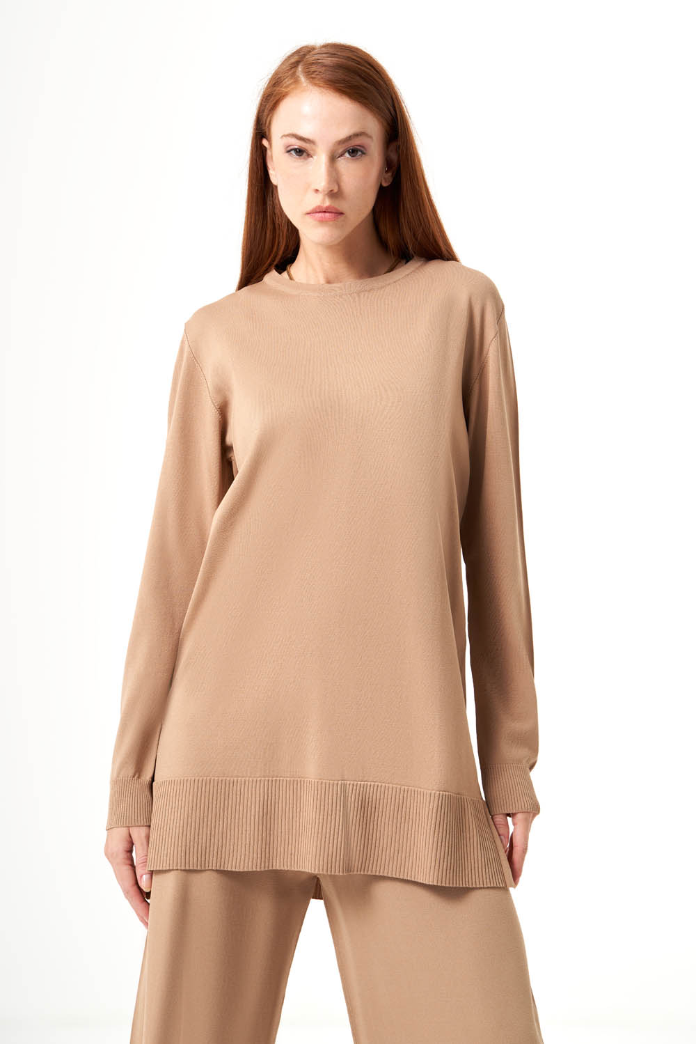 Mizalle Yuvarlak Yaka Camel Uzun Triko Tunik