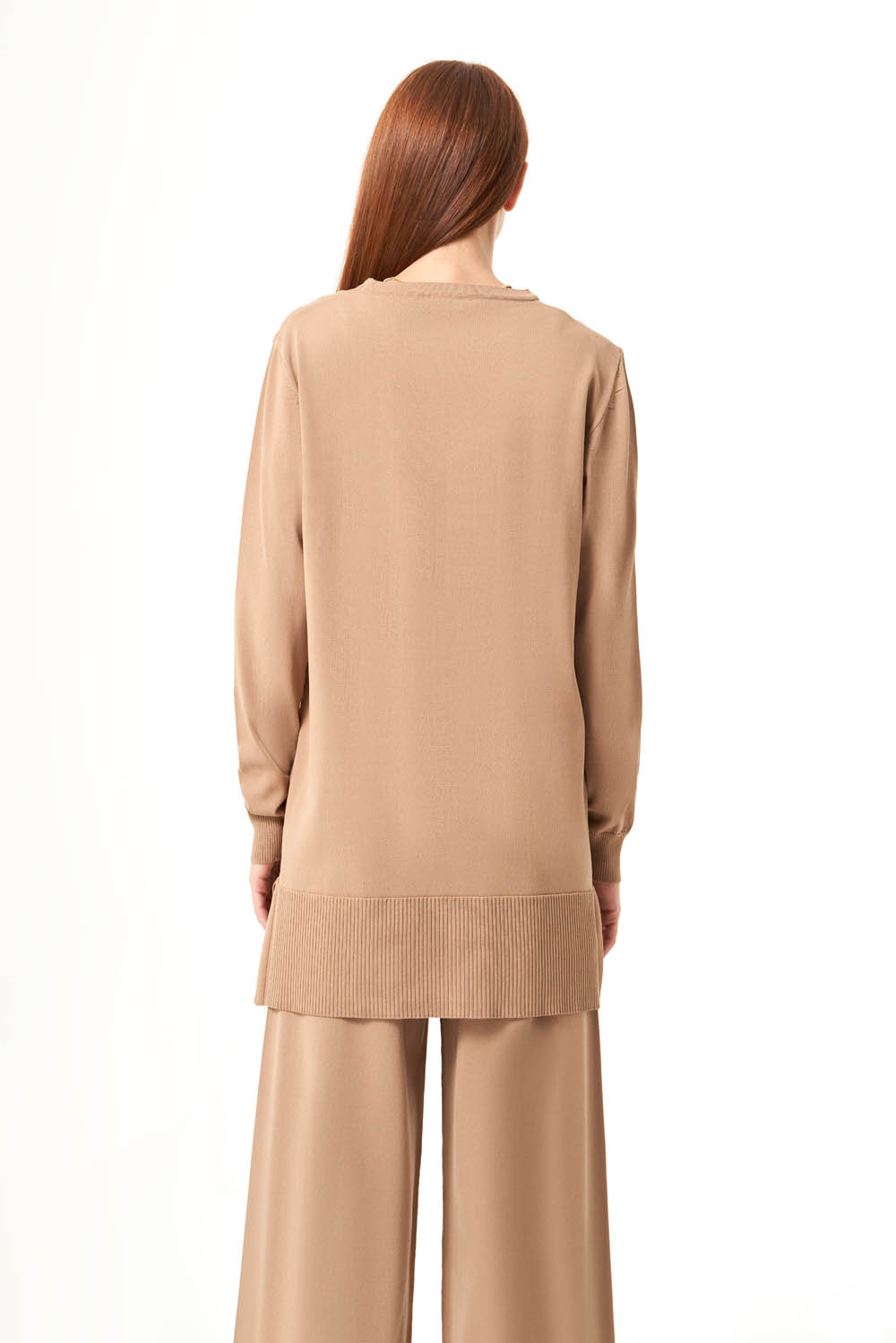 Mizalle Yuvarlak Yaka Camel Uzun Triko Tunik