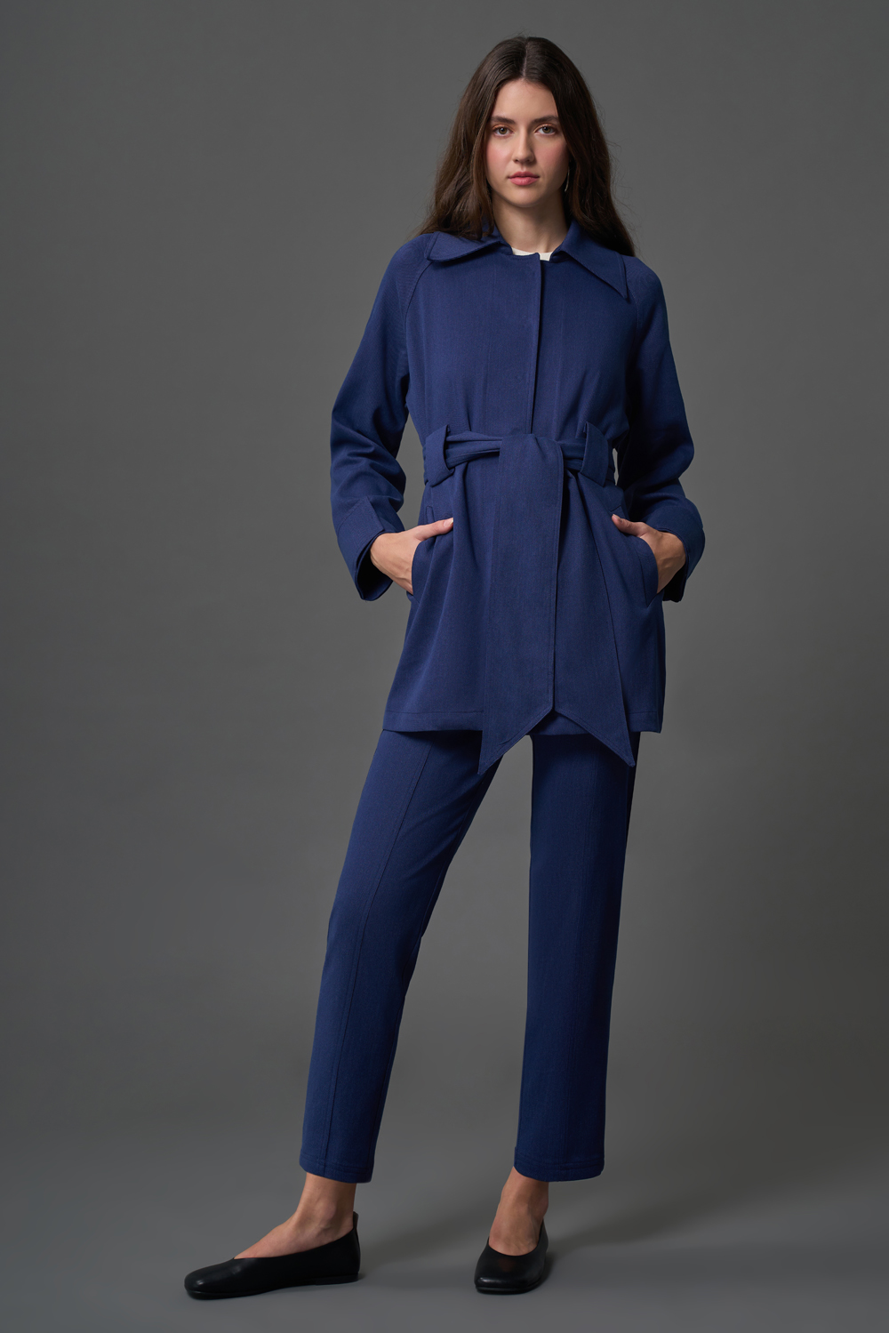 Mizalle Denim Dokulu Kuşaklı İndigo Mavi Ceket