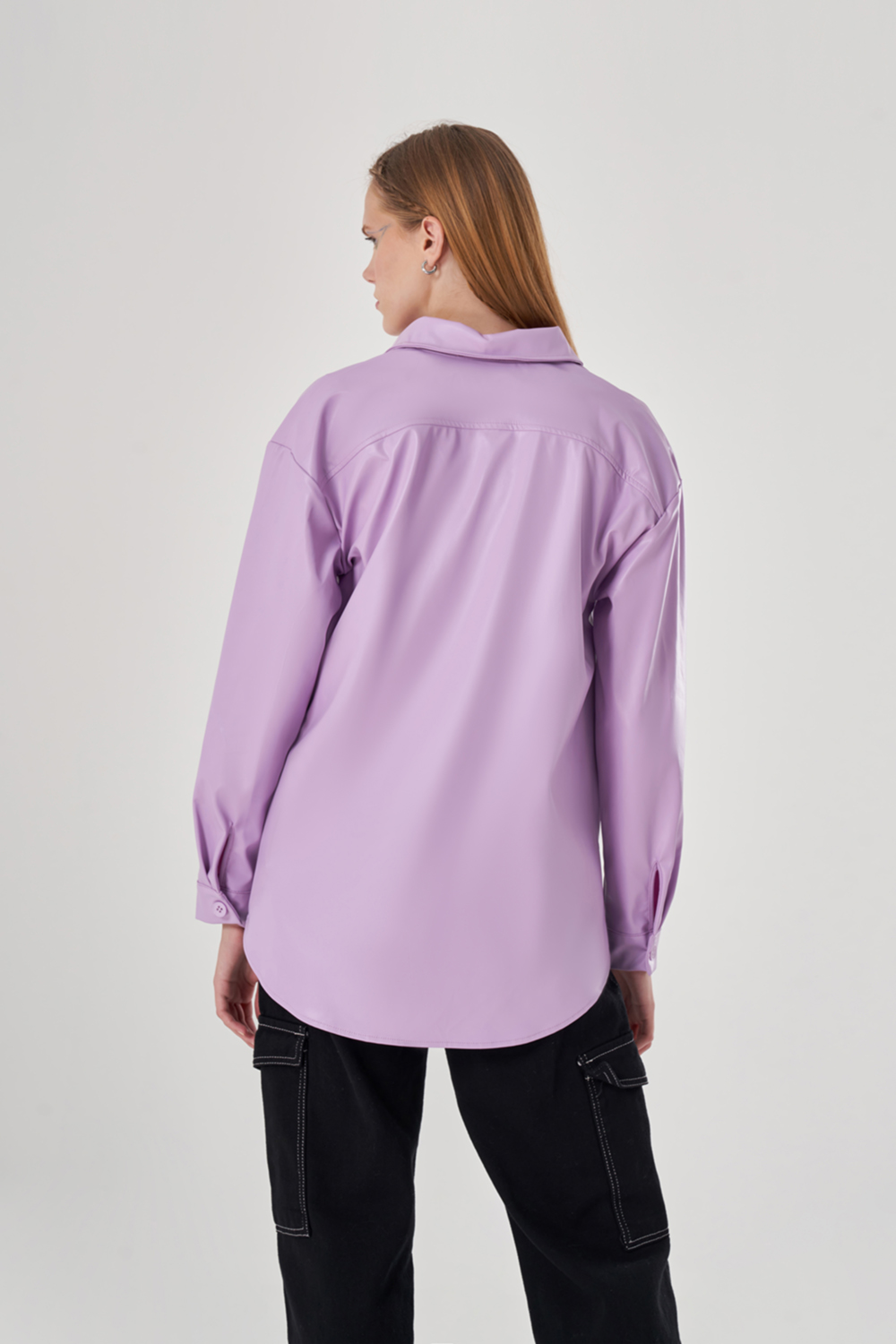 Mizalle Deri Görünümlü Lila Oversize Gömlek