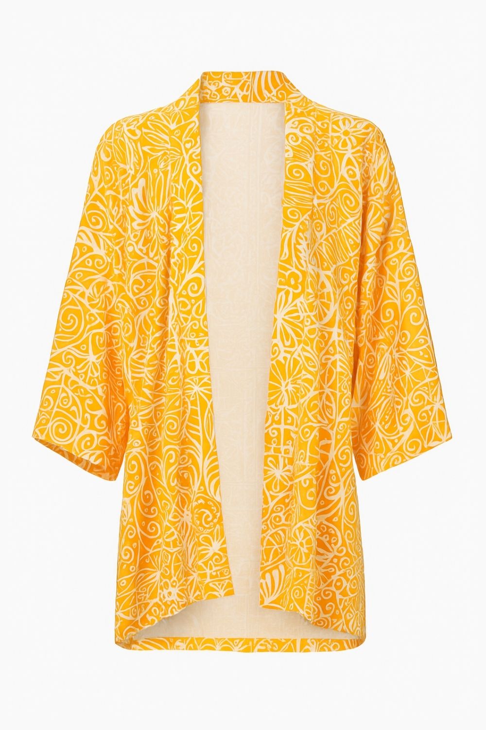 Mizalle Sarı Beyaz Desenli Kısa Dokuma Kimono