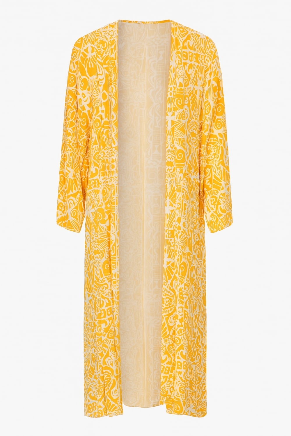 Mizalle Sarı Beyaz Desenli Uzun Kimono
