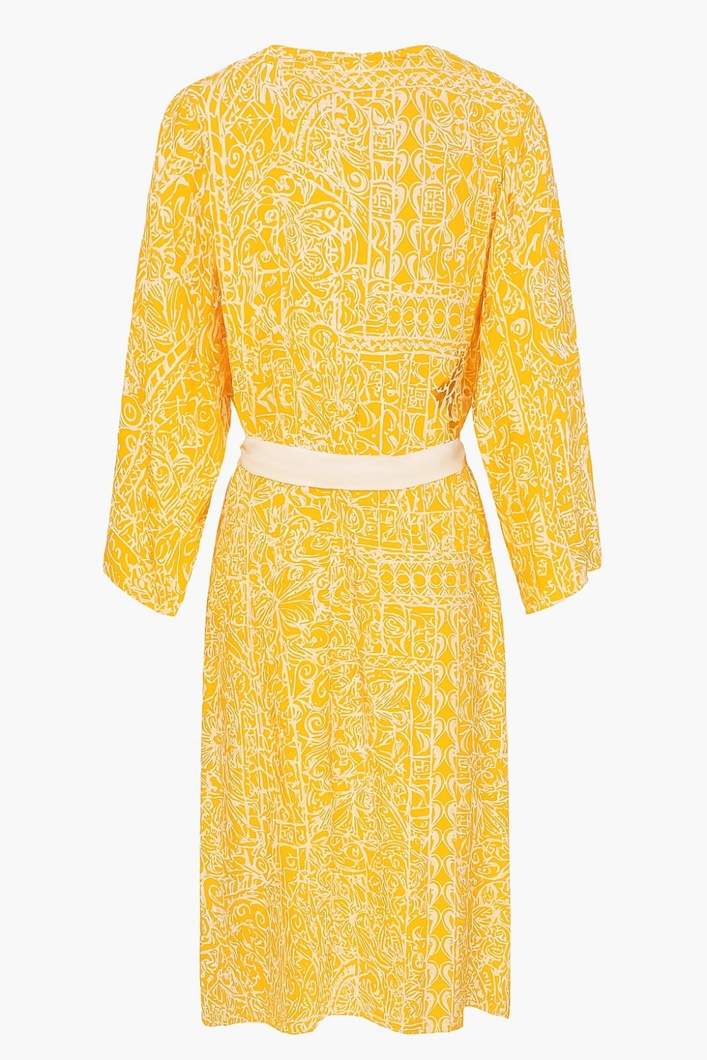 Mizalle Sarı Beyaz Desenli Uzun Kimono