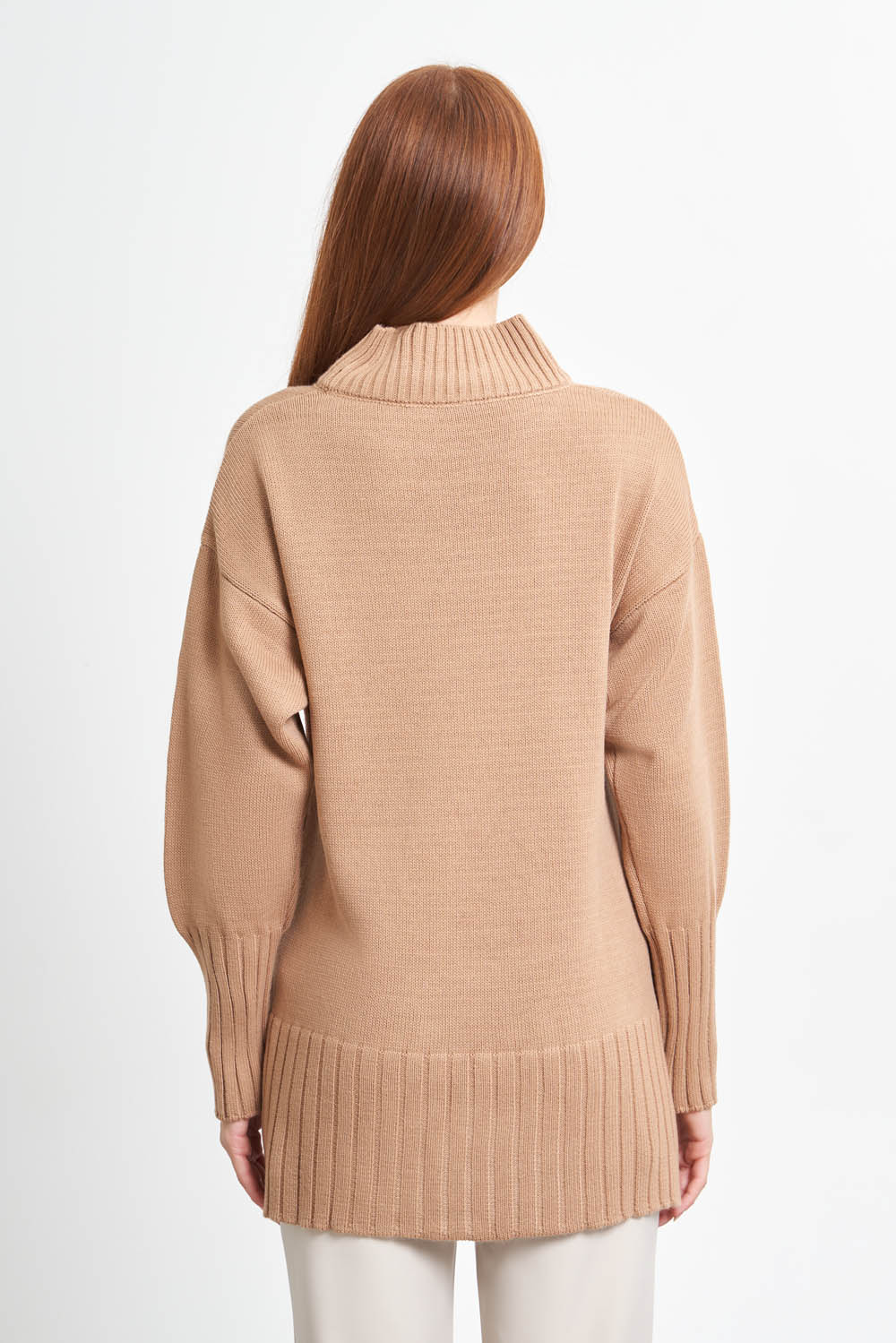 Mizalle Dik Yaka Oversize Camel Uzun Triko Kazak