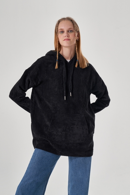 Mizalle Siyah Kanguru Cepli Fitilli Kadife Sweatshirt
