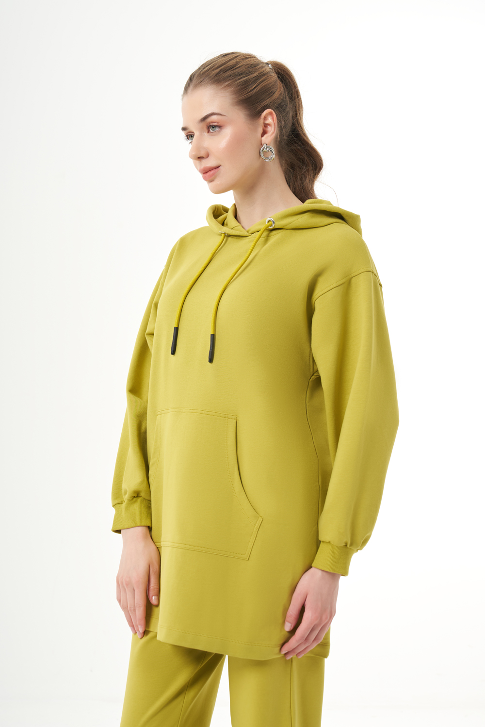 Mizalle Kapüşonlu Kanguru Cepli Yeşil Sweatshirt