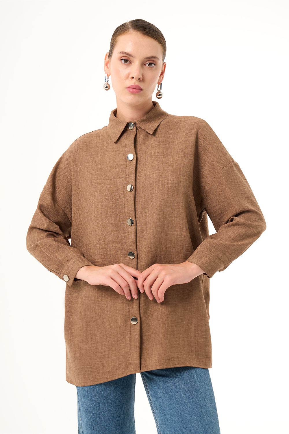 Mizalle Keten Dokulu Oversize Kahverengi Gömlek