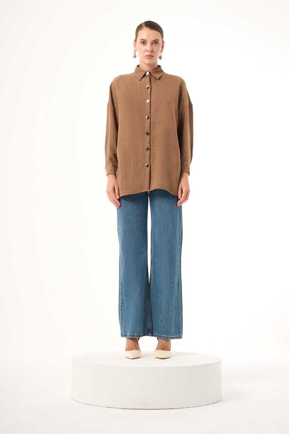 Mizalle Keten Dokulu Oversize Kahverengi Gömlek