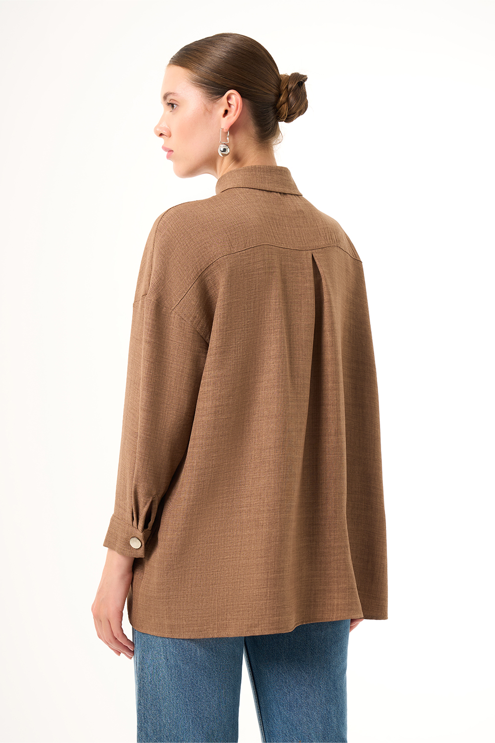 Mizalle Keten Dokulu Oversize Kahverengi Gömlek