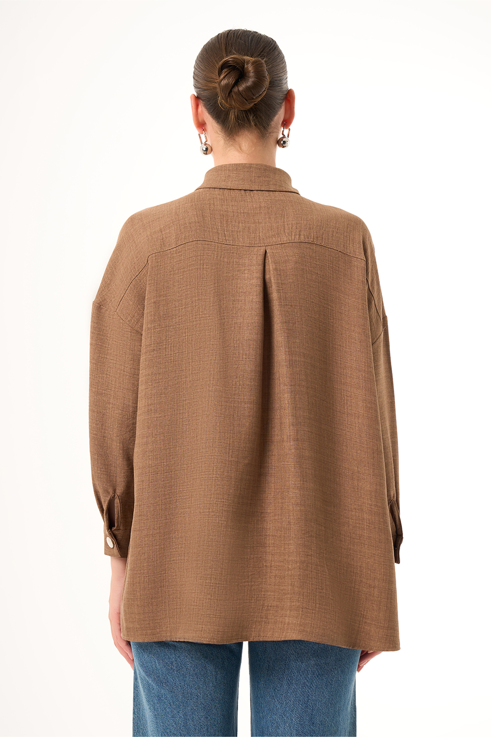 Mizalle Keten Dokulu Oversize Kahverengi Gömlek