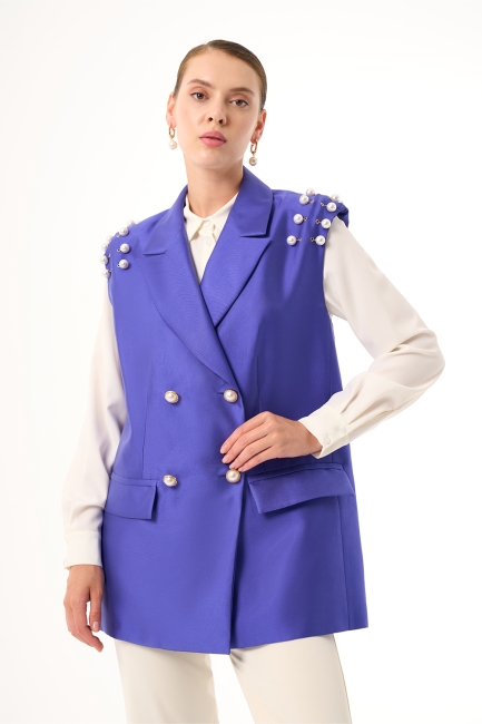 Mizalle İnce Boncuk İşleme Detaylı Saks Mavisi Abiye Yelek