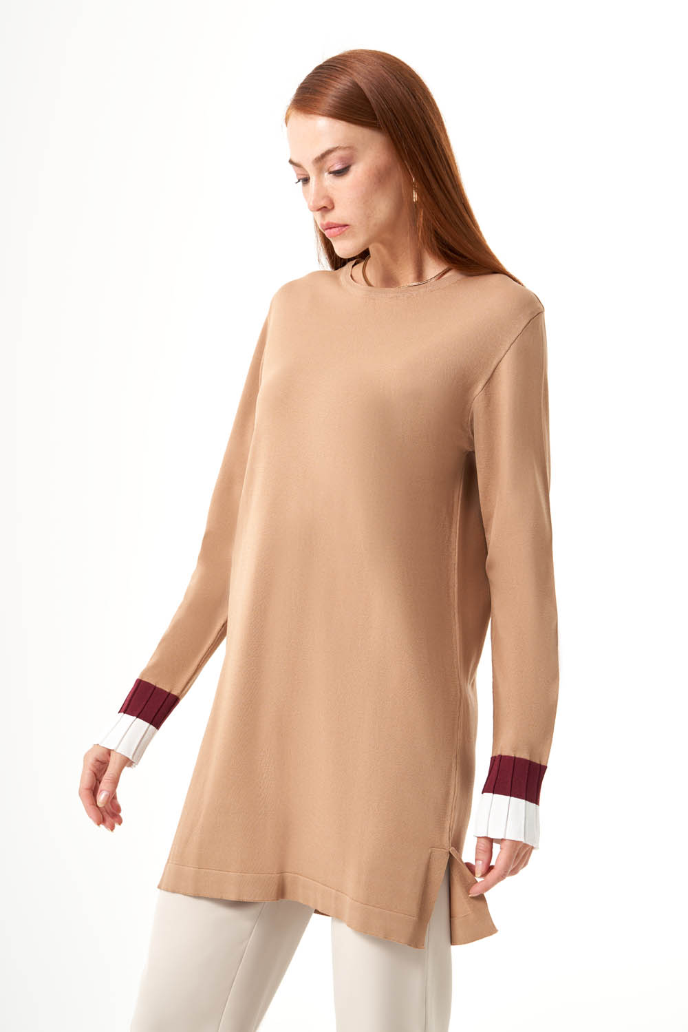 Mizalle Kolları Kahverengi Piliseli Camel Uzun Triko Tunik